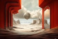 A fantastic composition with architectural elements and a silver balloon. Generated by AI