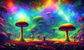 fantastic composition, trees mushrooms on the background of bright patterns