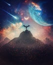 Fantastic creature with angel wings on the top of a mountain against marvelous cosmic sky background. Surreal scene with a