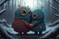 Fantastic creatures, Anthropomorphic animals and Adorable beings celebrating love, tenderness and affection in a magical snowy