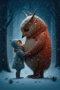 Fantastic creatures, Anthropomorphic animals and Adorable beings celebrating love, tenderness and affection in a magical snowy