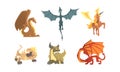 Fantastic Creatures with Fire Breathing Dragon and Pegasus Vector Set