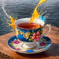 Fantastic cup of tea with liquid splash, 3d rendering Royalty Free Stock Photo