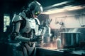 A fantastic cybernetic android robot cooks food in the kitchen