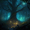 Fantastic dark forest with glowing trees, lights and fog. Halloween concept Generative AI Halloween ai Royalty Free Stock Photo