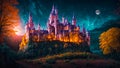 Fantastic fairytale old castle, night, moon royal building magical dark Royalty Free Stock Photo