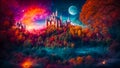 Fantastic fairytale old castle, night, moon royal building magical dark towers abstract Royalty Free Stock Photo