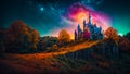 Fantastic fairytale old castle, night, palace royal building magical dark towers abstract Royalty Free Stock Photo