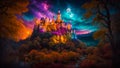 Fantastic fairytale old castle, night, moon royal building magical dark towers Royalty Free Stock Photo