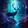 Fantastic deer in a magical forest and other unreal animals. Generative AI content. Royalty Free Stock Photo