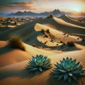 Fantastic desert landscape with dunes and some small succulent plants scattered in the magical sunset light