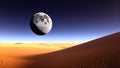Fantastic desert landscape. A planet with a beautiful desert and a gray moon. A fantastic world. Generated AI.