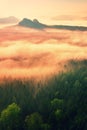 Fantastic dreamy sunrise on the top of the rocky mountain with the view into misty valley Royalty Free Stock Photo