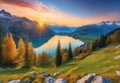 Fantastic evening mountain landscape, Picturesque autumn sunset in Swiss alps