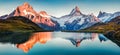 Fantastic evening panorama of Bachalp lake / Bachalpsee, Switzerland. Picturesque autumn sunset in Swiss alps, Grindelwald, Bernes Royalty Free Stock Photo