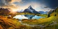 Fantastic evening panorama of Bachalp lake Bachalpsee, Switzerland. Picturesque autumn sunset in Swiss alps, Grindelwald,