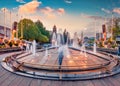 Fantastic evening view of fountain in Central Park of Bitola city. Wonderful sunset in North Macedonia, Europe.