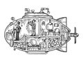 Fantastic fabulous submarine engraving vector