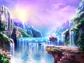 Illustration of a mountain dawn landscape with waterfalls, birds and shining tree, digital art