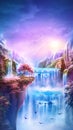 Morning dreams. Illustration of a mountain dawn landscape with waterfalls, birds and shining tree digital art.