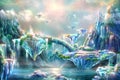 Magical islands. Fantastic digital art. Illustration of a mountain dawn landscape with waterfalls, birds and flying islands Royalty Free Stock Photo