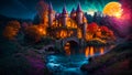 Fantastic fairytale castle, night, moon creative building landscape fantastic cartoon