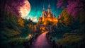 Fantastic fairytale castle, night, moon creative medieval landscape fantastic cartoon