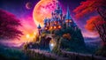 Fantastic fairytale castle, night, moon creative