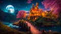 Fantastic fairytale castle, night, moon creative magnificent landscape