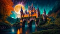 Fantastic fairytale castle, night, moon creative medieval landscape fantastic Royalty Free Stock Photo