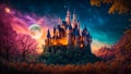 Fantastic fairytale castle, night, moon royal building landscape fantastic cartoon Royalty Free Stock Photo