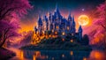Fantastic fairytale old rock , cartoon , design royal building magical dark towers fantasy Royalty Free Stock Photo