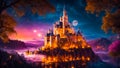 Fantastic fairytale old rock , night, palace royal building magical dark towers fantasy Royalty Free Stock Photo