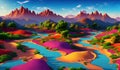 Fantastic fantasy landscape with a blue river and mountains ,AI Generated