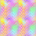 Fantastic fish skin seamless pattern. Golden pink green fishscale swatch texture background.