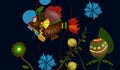 Fantastic fishing and magical flowers on a dark background.