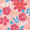 Fantasy rose flowers, leaves and branches form a modern botanical seamless pattern for textiles on a pink