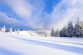 Fantastic fluffy Christmas trees in the snow. Postcard with tall trees, blue sky and snowdrift. Winter scenery in the sunny day. Royalty Free Stock Photo