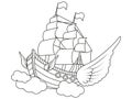 Fantastic flying ship in night sky image. Children coloring book. Vector. Royalty Free Stock Photo