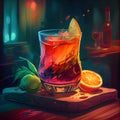 Fantastic food photography of colorful cocktail in bar with splashes and explosion of taste advertisement background concept