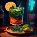 Fantastic food photography of colorful cocktail in the bar with splashes and explosion of taste advertisement background concept