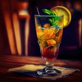 Fantastic food photography of colorful cocktail in bar with splashes and explosion of taste advertisement background concept
