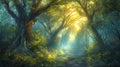 Fantastic forest with giant trees, atmospheric and fairy-tale landscape