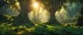 Fantastic forest with giant trees, atmospheric and fairy-tale landscape. Generative AI