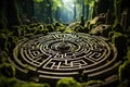 Fantastic forest with a huge green labyrinth inside. Green maze in forest jungle, Generative AI