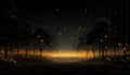 Fantastic forest at night with glowing orange fireflies. AI-generated fantasy landscape