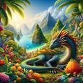 A fantastic friendly a dragon living in a beautiful, colorful world, raster graphic with asia view