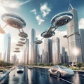 a fantastic future towering skyscrapers flying car. Generative AI Royalty Free Stock Photo
