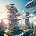 a fantastic future towering skyscrapers flying car. Generative AI Royalty Free Stock Photo