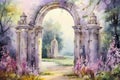 Fantastic gates of paradise decorated with outlandish plants and flowers. Columns with an arch. The way to heaven